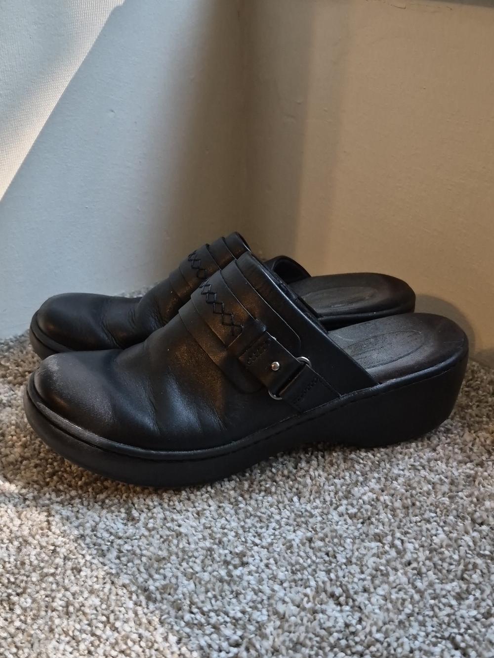 Clarks Black Leather Clogs Mules